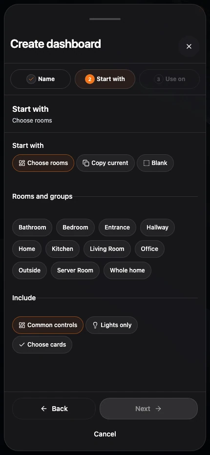 The current Create dashboard phone cover sheet on Start with, showing room groups, content choices, Back, Next, and Cancel.