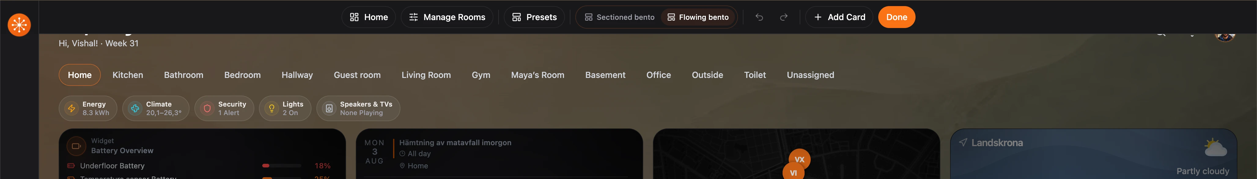 Home edit mode showing the full layout, row, column, undo, redo, Add card, and Done command bar.