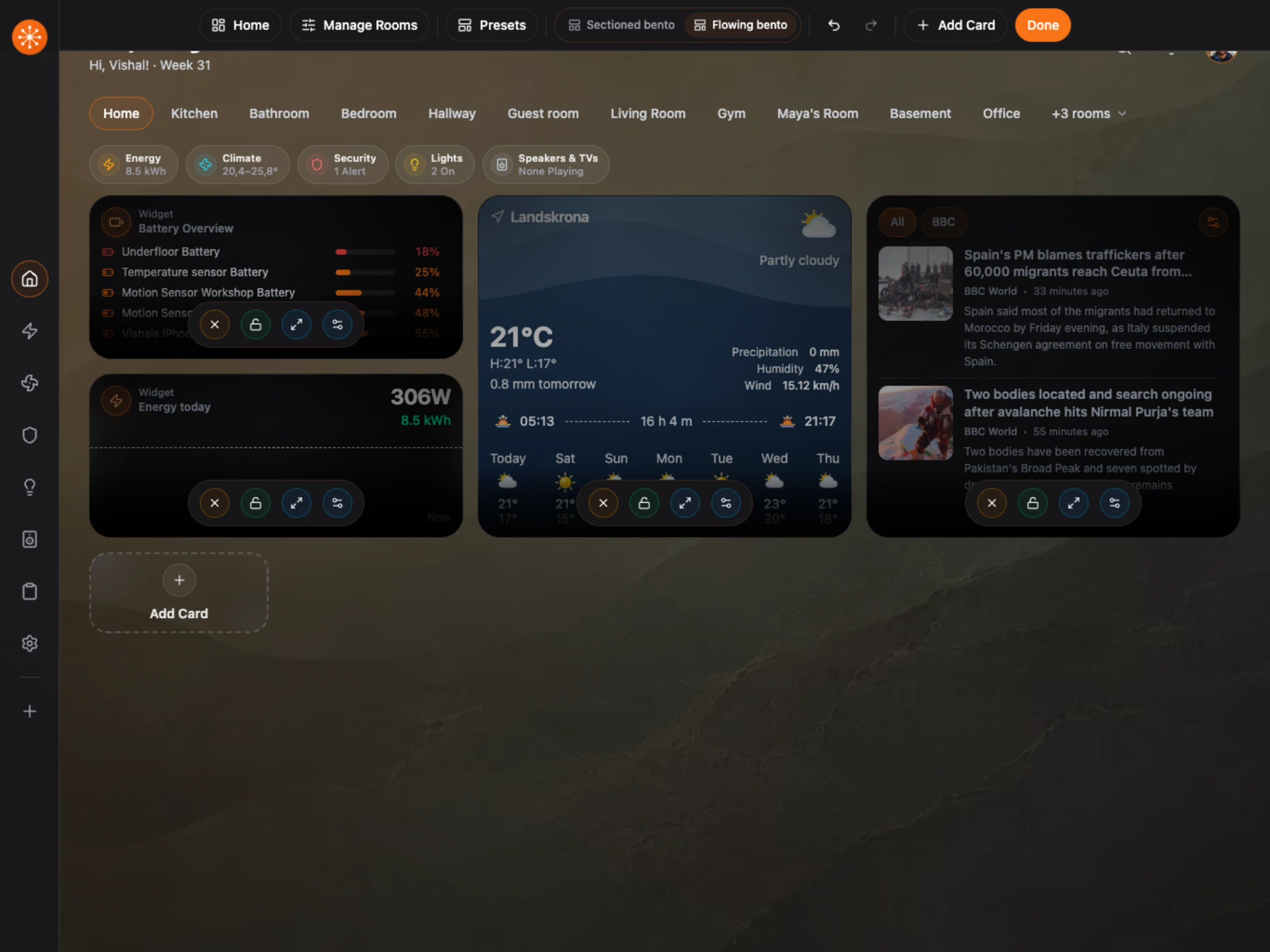 Home in edit mode with card controls, layout choices, undo, redo, Add Card, and Done visible.
