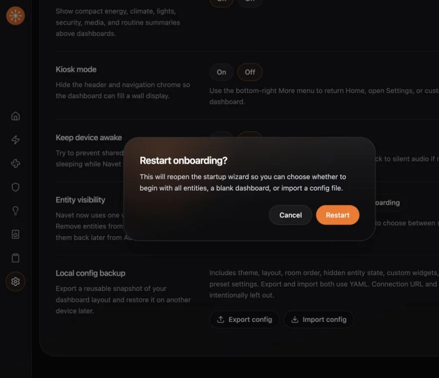 The confirmation for restoring entities or restarting onboarding.