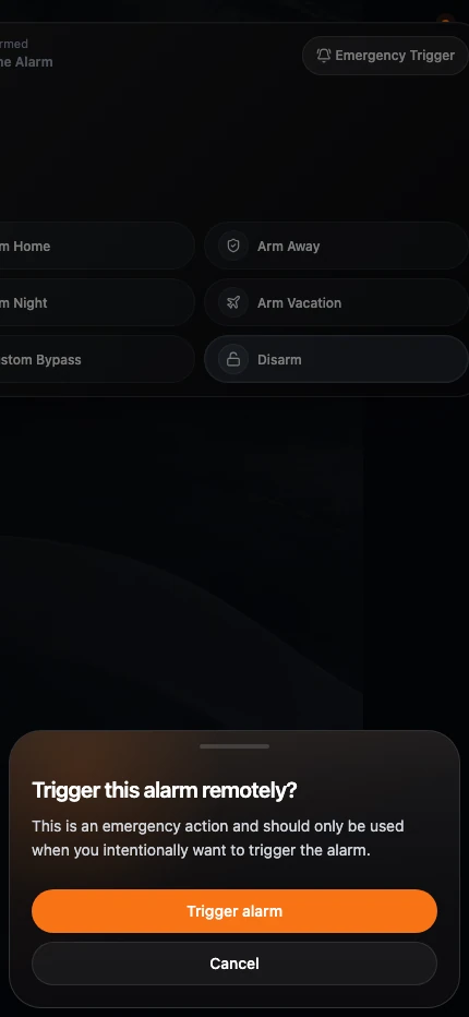 The current phone confirmation sheet for intentionally triggering an alarm remotely.