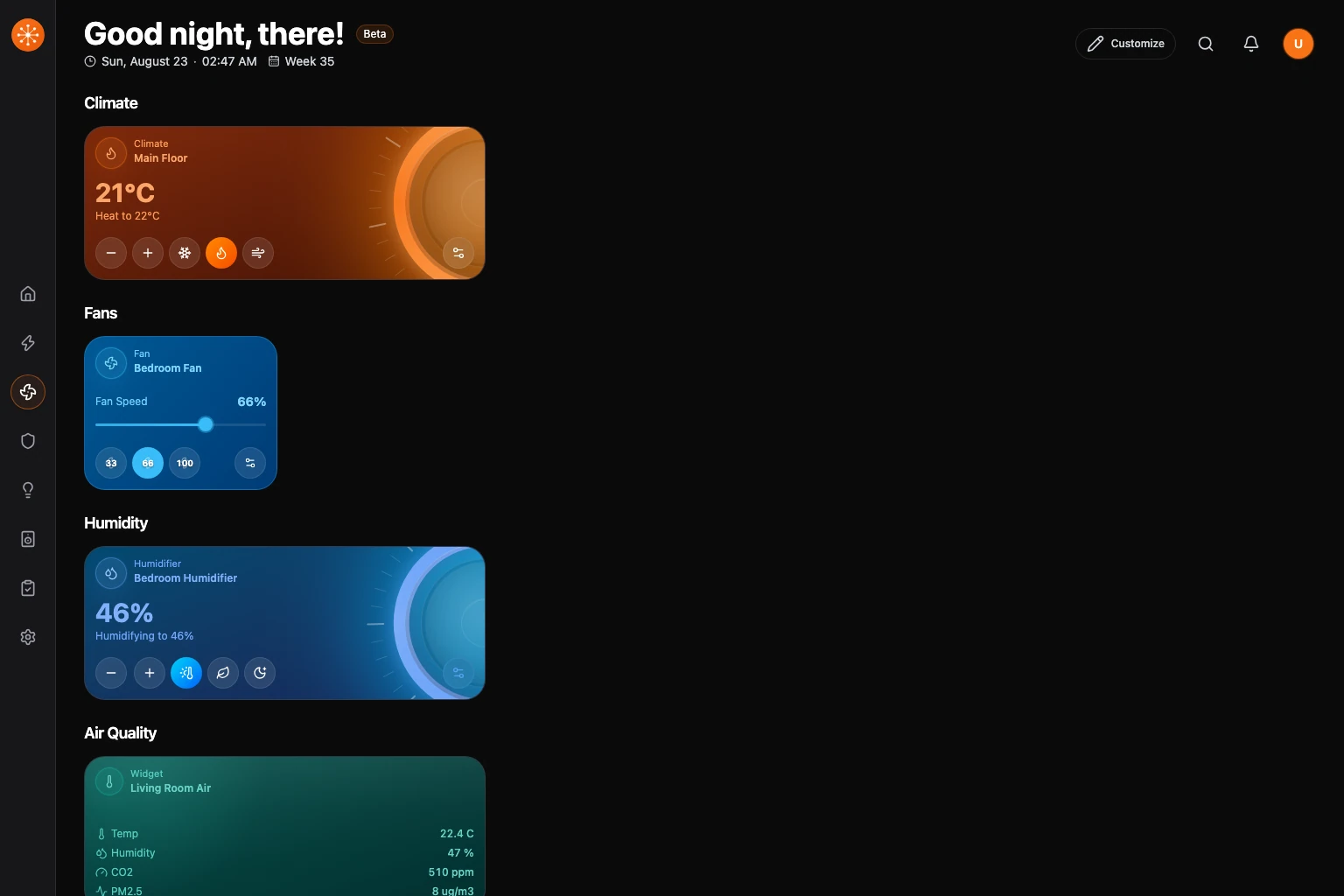The current Climate dashboard grouped into room controls and environmental details.