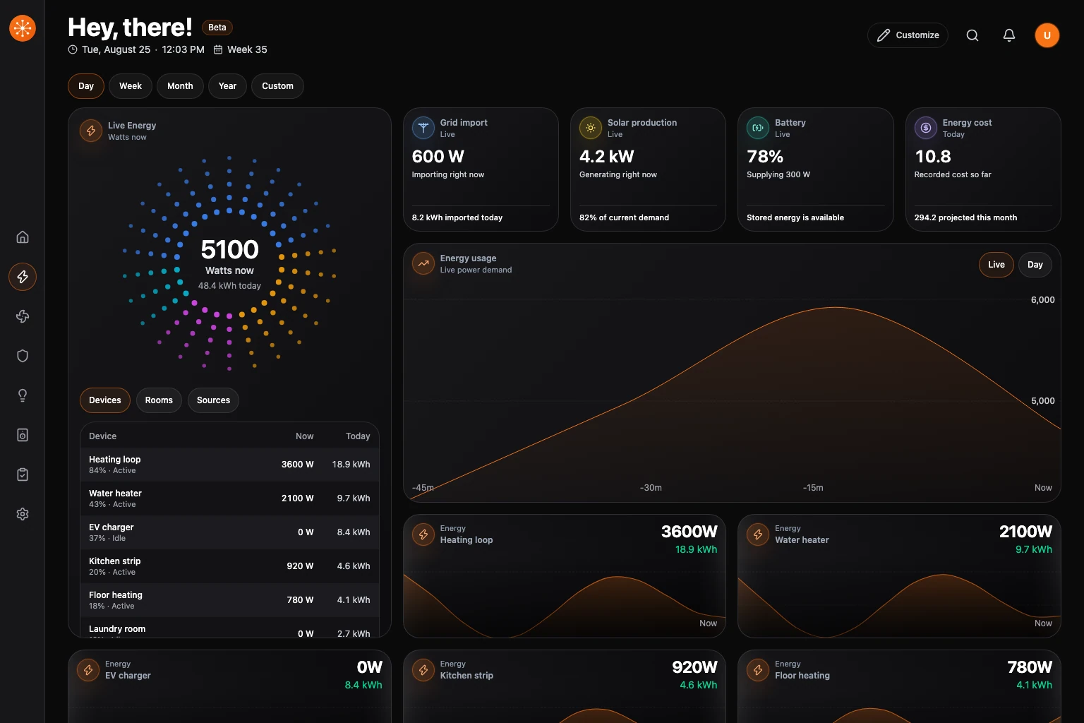 The current Energy dashboard with KPI strip, detailed usage chart, range controls, and device grouping.