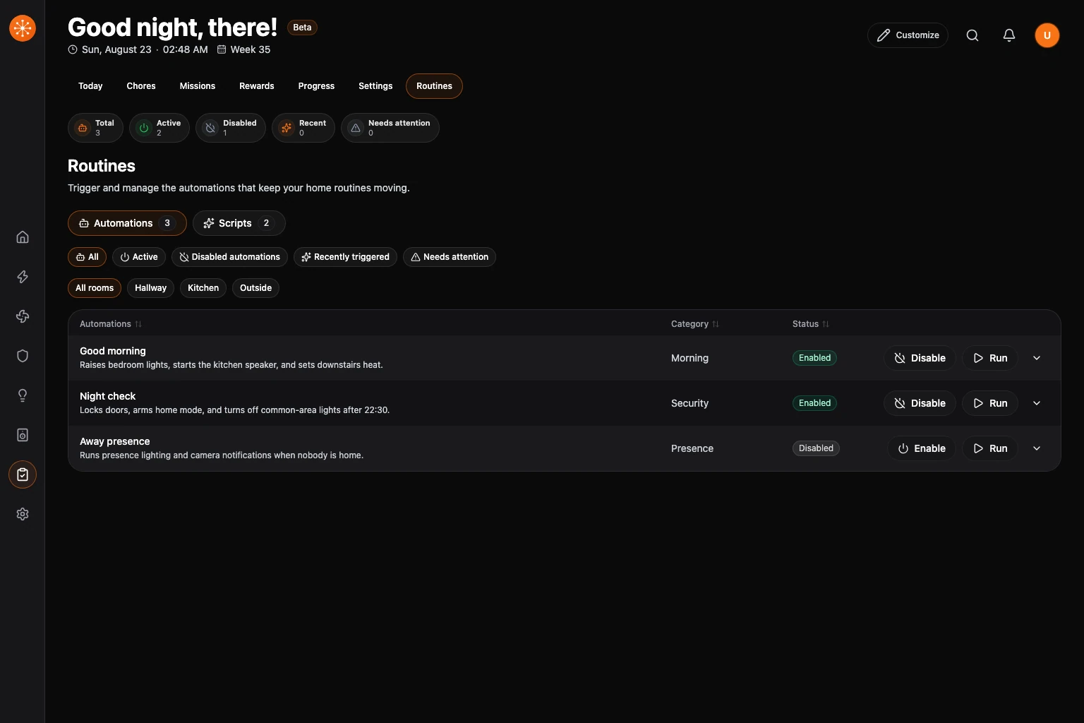 The current Routines dashboard with summary counts, automation and script tabs, filters, and run controls.