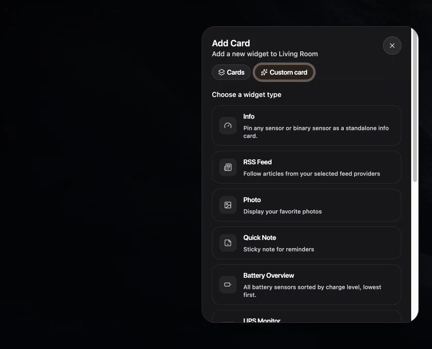 The widget chooser with Action, Scene, Map, Battery, UPS, and Energy choices.