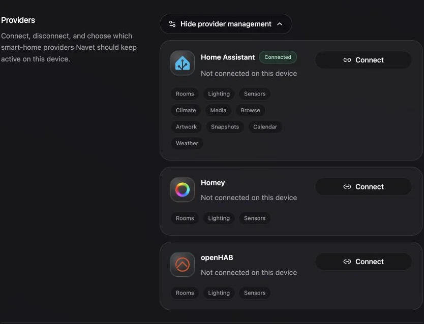 System settings showing connected and available providers.